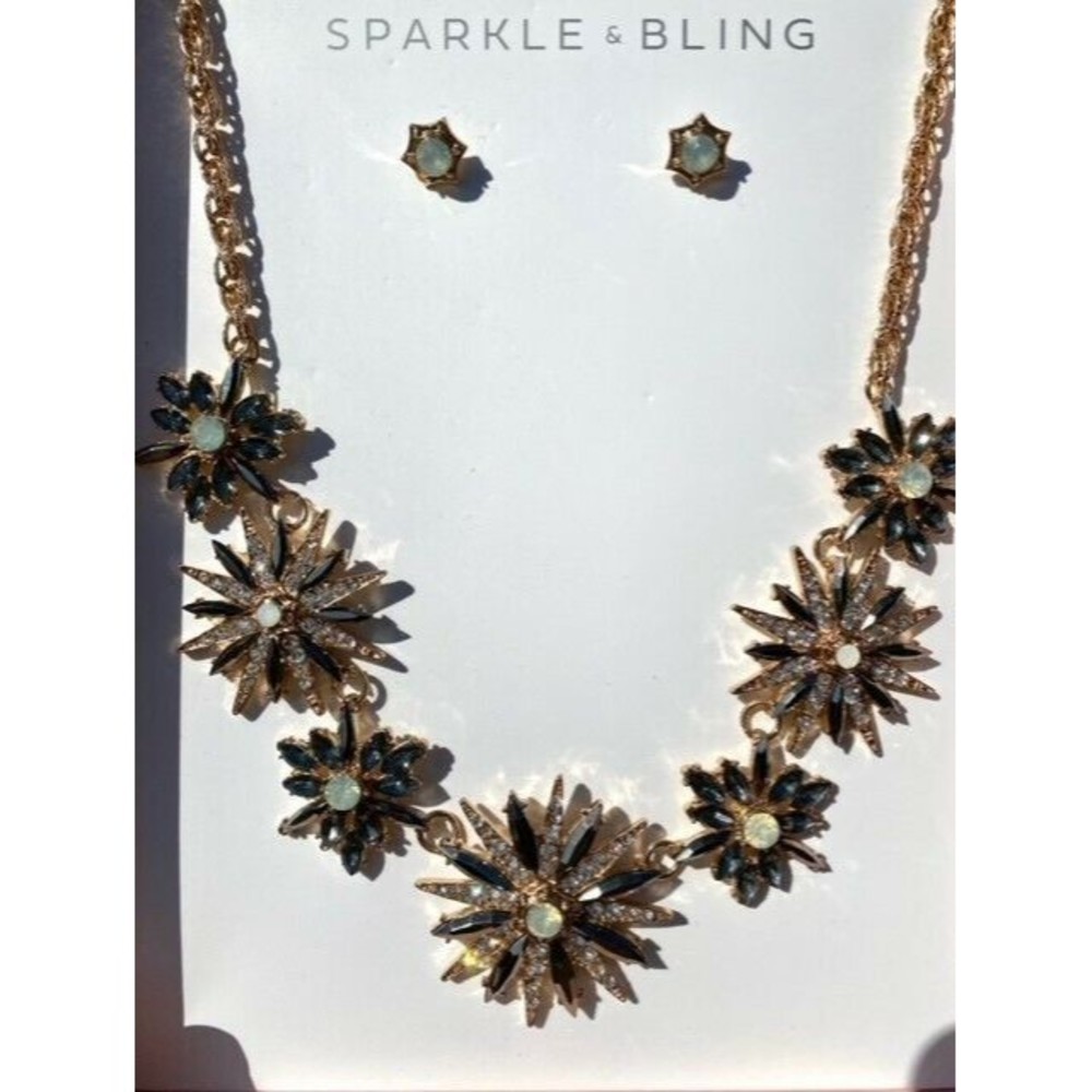 NIB Sparkle & Bling Black Necklace Earing Costume Jewelry Set